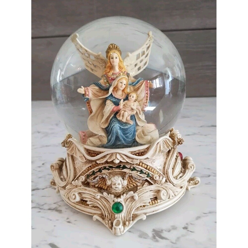 Living Quarters Glittery Snow Globe Mary, Jesus & Guardian Angel Music Box Works